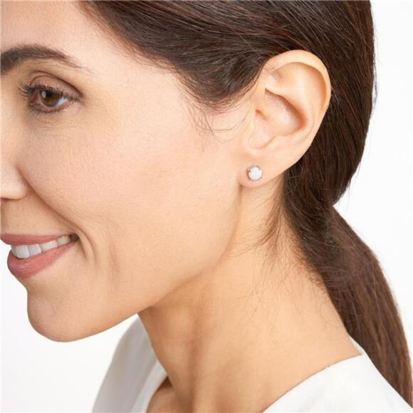 Sterling Silver Opal Stud Earrings Round Solitaire October Birthstone Jewelry - Picture 4 of 7